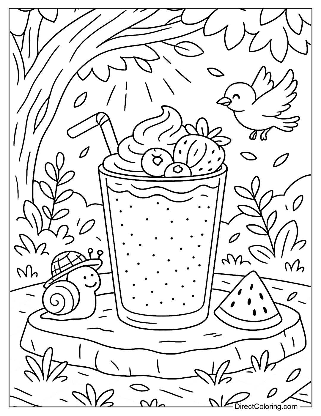 A blueberry smoothie cup coloring page - red strawberries placed on a rock in a small forest.